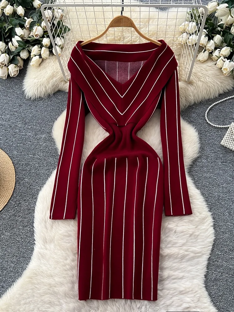 Ele V-ne Long Sve Striped Knitted Dr Women's Slim Fit Bodycon Skirt High Waist Korean Sle Commute Summer Polyes...
