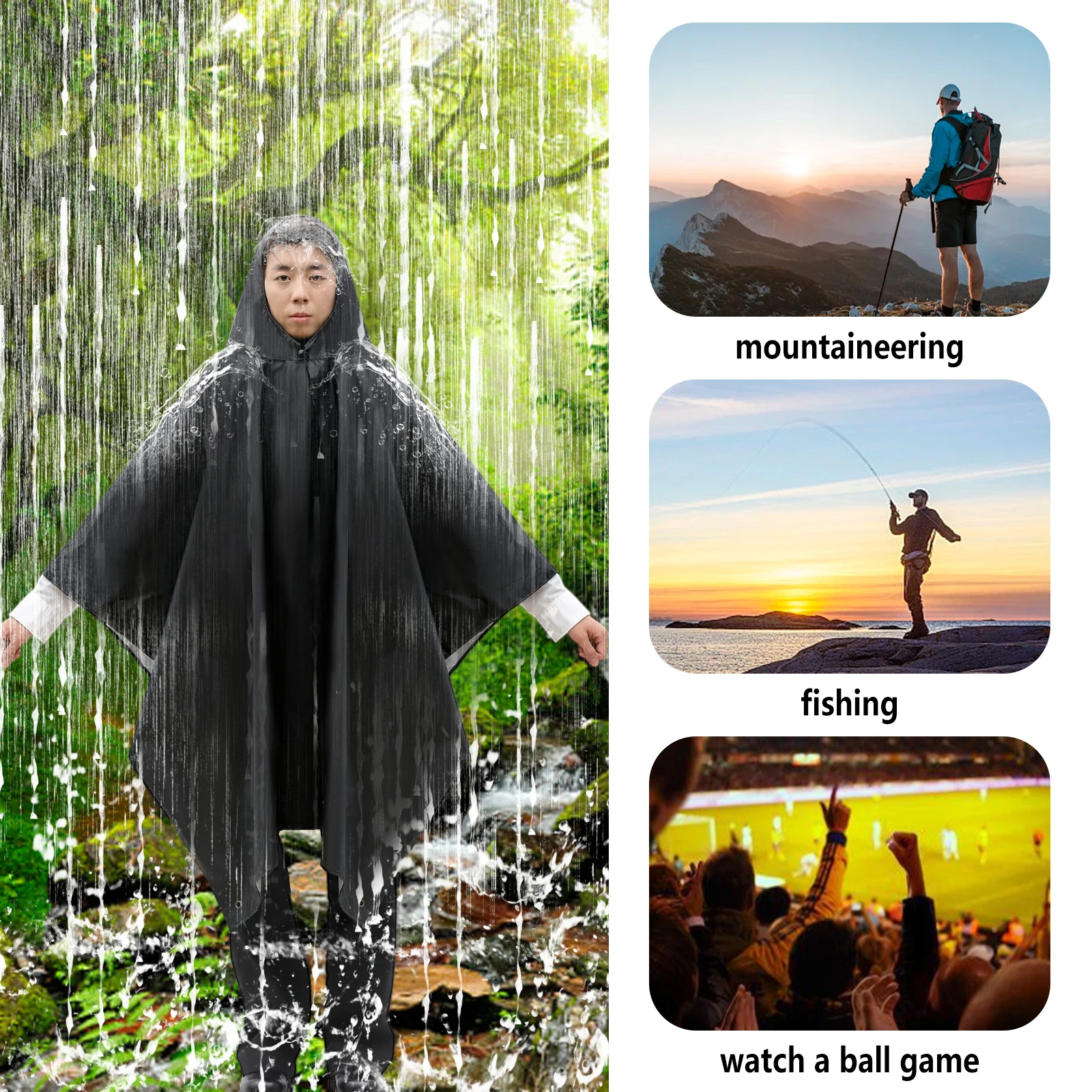 

Outdoor Rain Poncho Waterproof Tent Fabric Picnic Mat Foldable Adult Men Women Hiking Cycling 3-in-1 Multifunctional