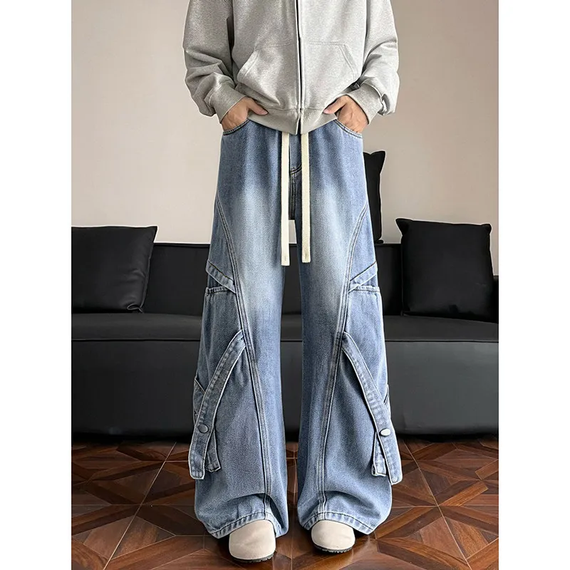 

Retro American Washed Denim Jeans Men's Loose Wide Leg Knife Pocket Casual Workwear Trousers Youth Fashion Spring Season