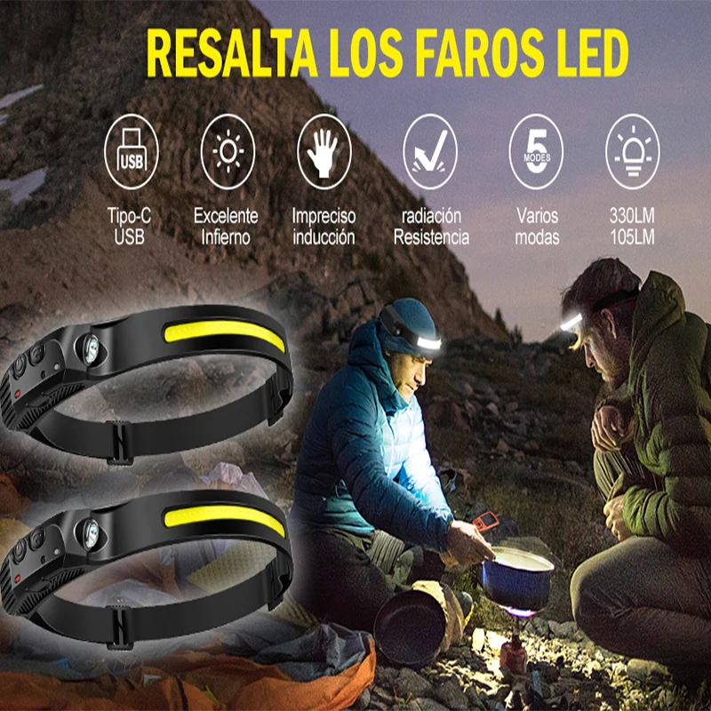 1~5Pack Headlamp USB Rechargeable LED Sensor Flashlight XPE+COB Torch Camping Waterproof Headlight for Fishing Lantern, image 6