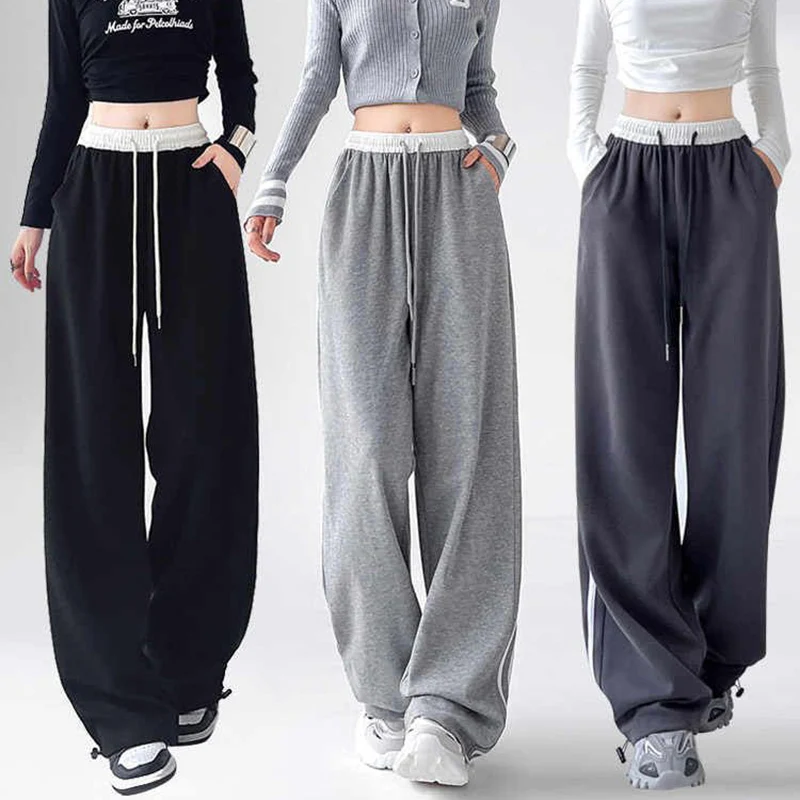 Meisjes chique patchwork dunne joggingbroek vrouwelijke streetwear hoge taille losse broek damesmode comfortabele wijde pijpen broek