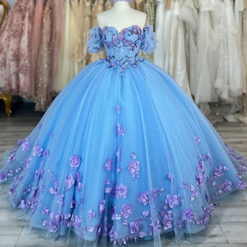 

Синее блестящее бальное платье Quinceanera, платья с открытыми плечами, аппликация, цветок, бисер, кристалл, вечерние, день рождения, сладкое платье 16, Vestido