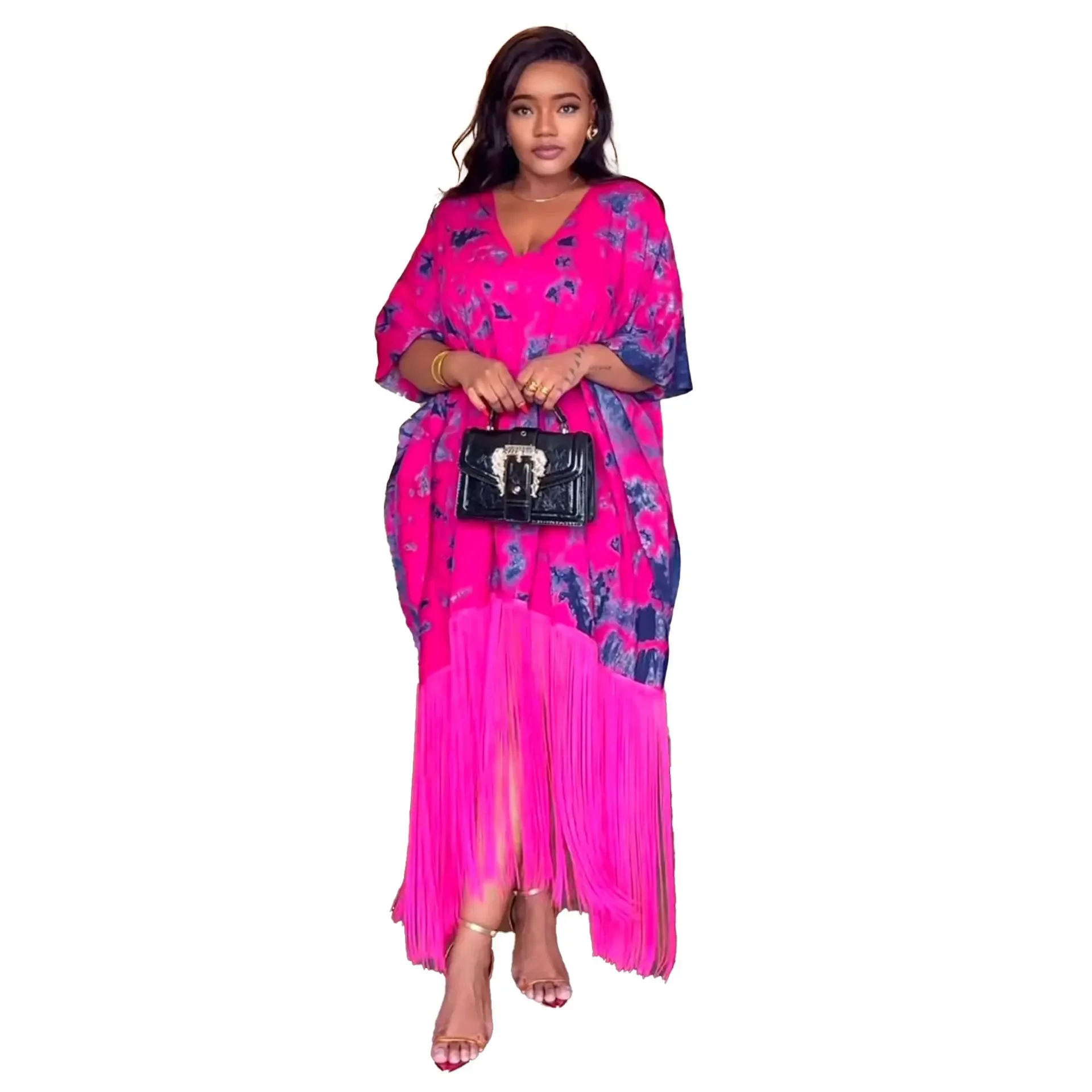 Africa Clothing Plus Size Dashiki African Dresses for Women Autumn Half Sleeve V-neck Polyester Tassel Long Maxi Dress Outfits