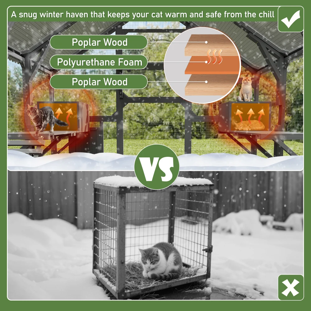 Ye Large Catio Outdoor Cat Enclosure for Multiple Kittens - Wooden Cat House with 7 Platforms, 2 Resting Boxes, 1 Bridge, 1 Ramp, Walk-in Kitty Cage Kennel with Sunshine Board Roof, Gray view 8