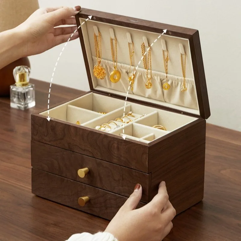 علبة مجوهرات خشبية كبيرة صندوق منظم المجوهرات المحمولة حلقة قلادة صناديق التخزين الرجعية سيدة القرط قلادة سوار الحالات