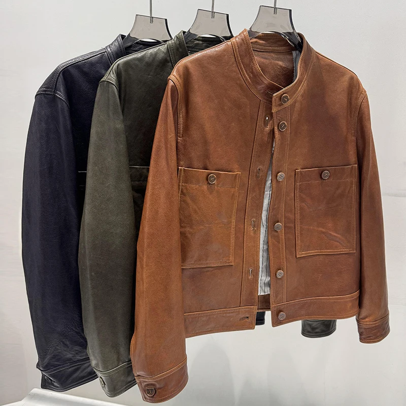 レトロオイルワックスレザー女性本革ジャケットコート 2026 春のファッションスタンドカラー女性カジュアル A レベルシープスキンジャケット