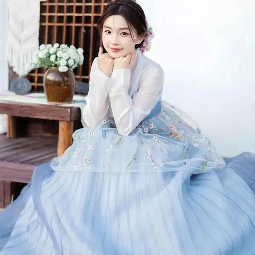 여성을 위한 전통 한국 의류 한복 자수 긴 소매 고대 무용 의상, 무대 공연 빈티지 코트 드레스 