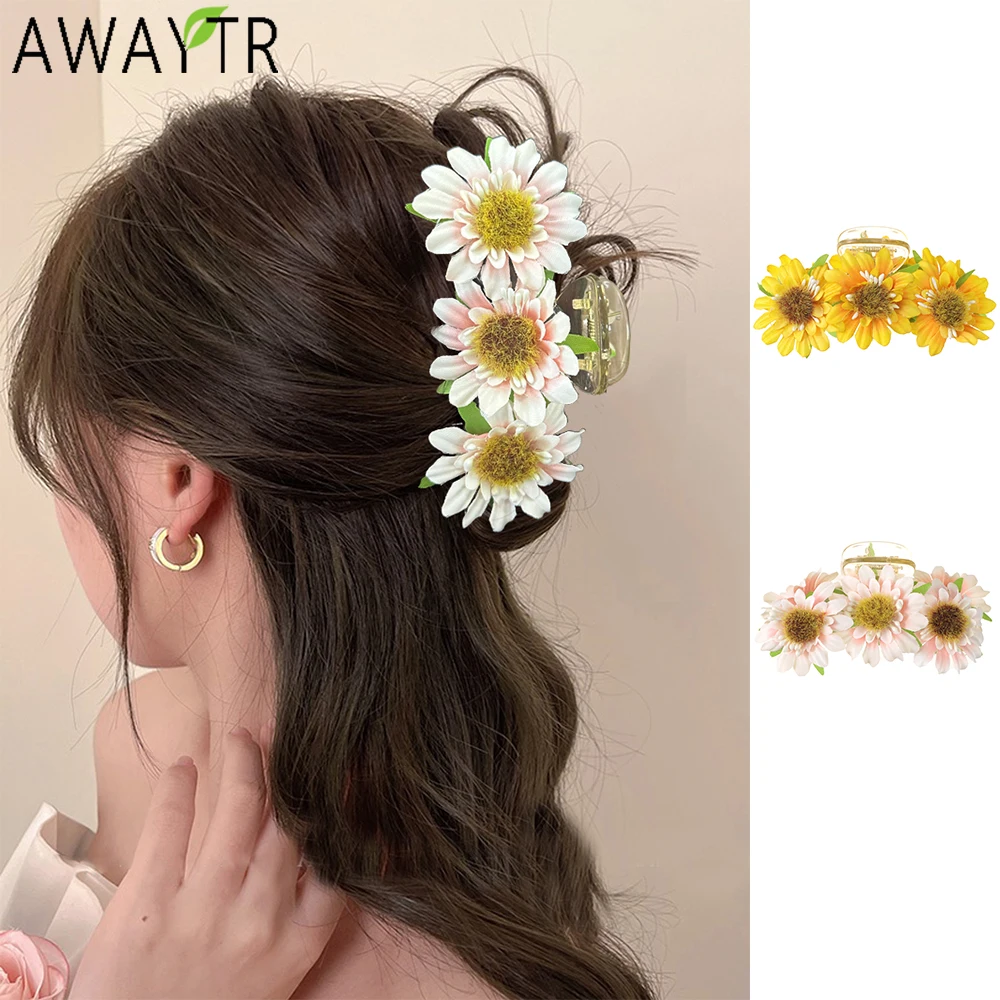 AWAYTR Yellow Sunflowers Hair Claws Farbic Ponytail Hair Clips Crab For Women Girl Gift Hair Accessories Valentine Headwear