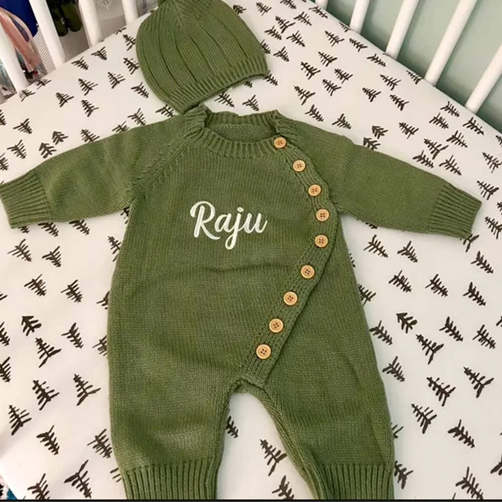 

Custom Embroidered Name Newborn Baby knitted Jumpsuit Personalized Boy Girls Birth Gift Sweater Cute Crawling Suit Set with Name