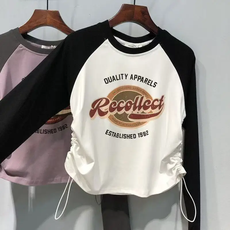 Spring and Autumn Girls' Letter Printed Long Sleeve T-shirt Slim Fit Teenage Girls' Bottom T-shirt Round Neck Top Children Shirt