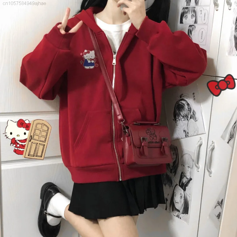 Sanrio Spring Trendy Clothes Hello Kitty Red Thin Coat Women Hoodies Long Sleeve Cardigan Y2k Tops College Zip-up Sweatshirts