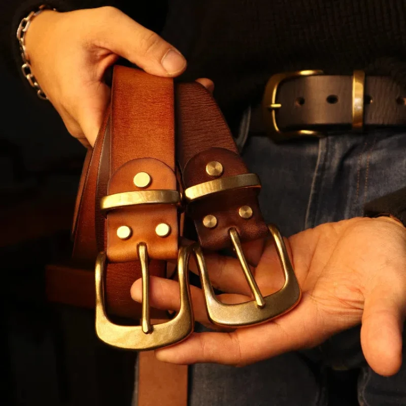 

Vintage Style Men's Belt with Top Grain Leather and Pure Brass Buckle