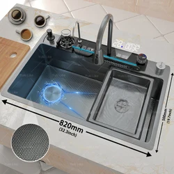 Embossed Stainless Steel Waterfall Kitchen Sink With Digital Display Washbasin Multifunctional large single slot Left Side Drain