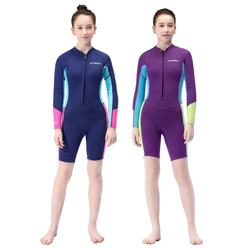 Youth Diving Suit Teenagers Girls 2.5MM Neoprene One Piece Long Sleeves Warm Floating Surfing Swimming Cold Proof Shorty Wetsuit