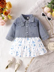 2PCS Spring Girls Set Denim Coat with Hanging Strap Printed Dress Fashionable Infant Toddler