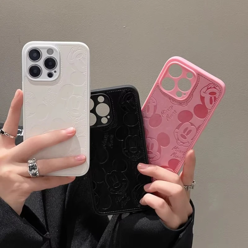 Funda de teléfono a prueba de golpes con textura de cuero de dibujos animados en relieve de Disney Mickey Mouse para iPhone 16 15 14 13 12 11 Pro Max