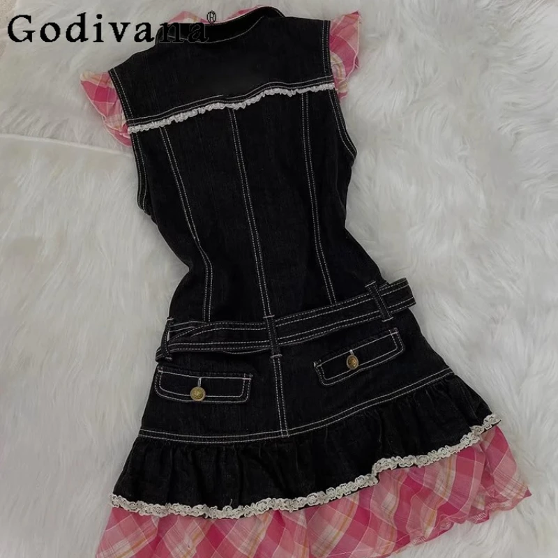 

Original Sweet Cool Style Dress for Women Black Patchwork Denim Lolita Dress Female Japanese Style Waist Plaid Short Dress