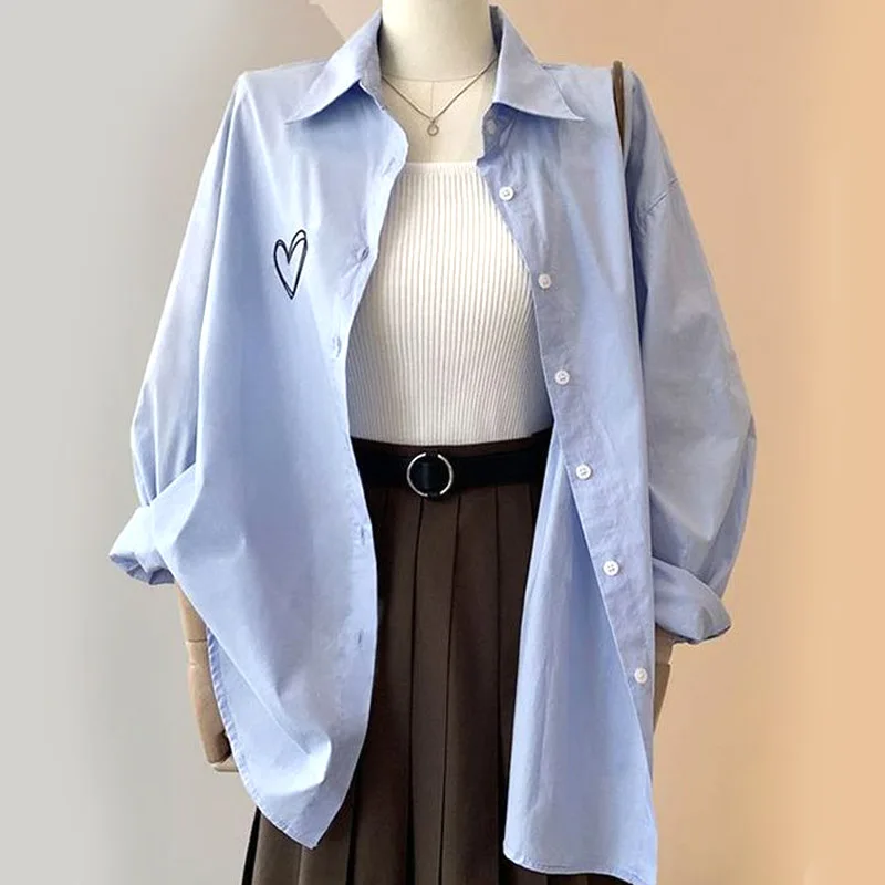 

Women's Clothing Embroidered Long Sleeve Blue Shirt Loose Fit Sun Protection Blouse Lightweight Spring Summer Cover Up Tops