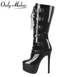 Onlymaker Women Shiny Black Patent Leather Platform Ankle Boots High Thin Heel Heeled Metal Plates Buckle Stilettos Boots