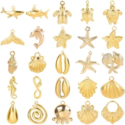5pcs/Lot Gold Color Marine Animals Charm Shell Fish Tail Hippocampus Japonicus Stainless Steel Pendants For Jewelry Making Bulk
