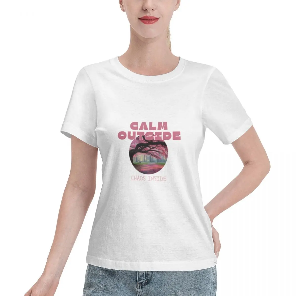 Budget Friendly Calm Outside Chaos Inside Cherry Blossom Women's T-shirt Chic Minimalist Tshirt