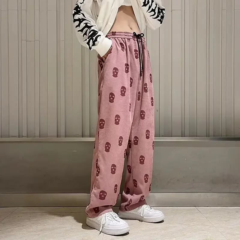 

2025 Winter New Men Drawstring Loose Fit Wide Leg Casual Pants Print Full Length Spliced Pockets High Waist Slight Strech Pant