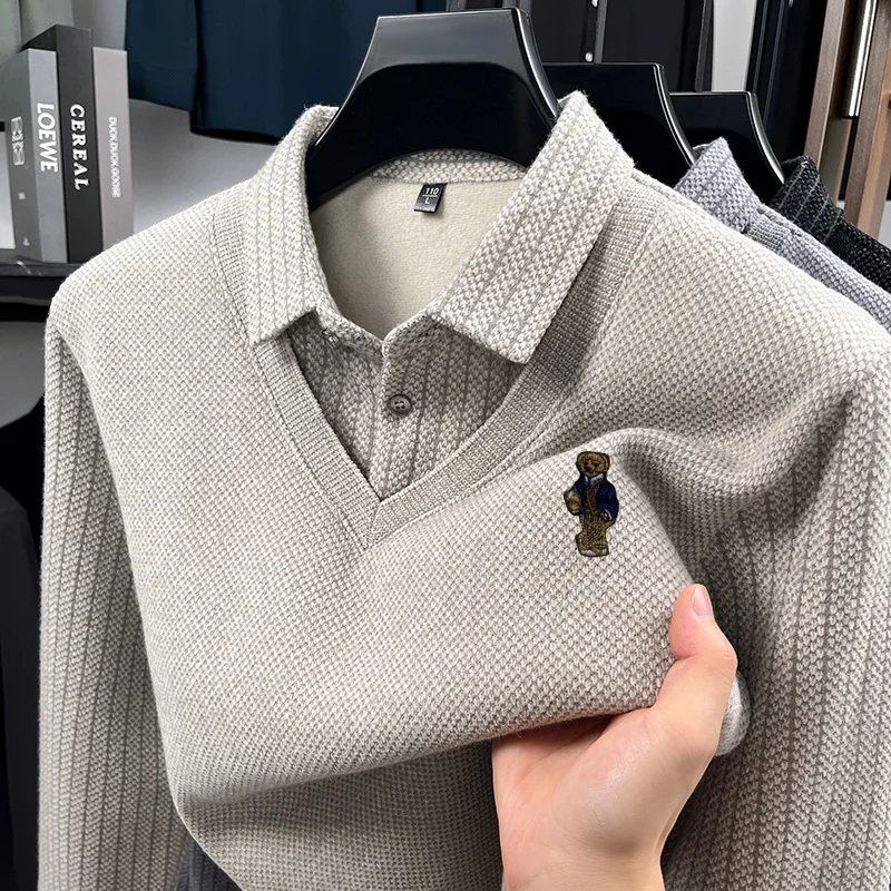 Design-Mode-Herren-Polohemd mit Stickerei, Revers, Fake-Zweiteiler, Langarm, Original-Freizeit-T-Shirt, vielseitige Herrenbekleidung für den Alltag – Detail 7