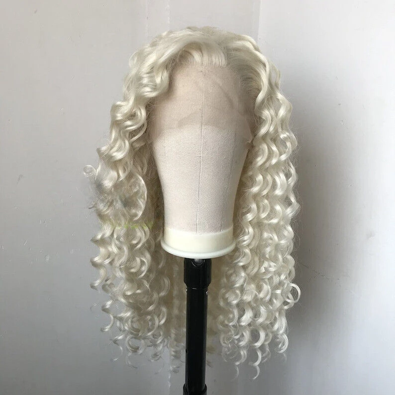 

White Blonde Long Curls Side Part Premium Synthetic Soft Swiss Lace Wig