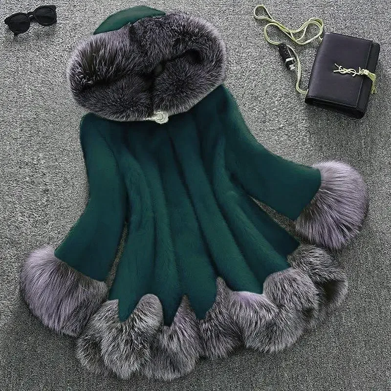 Winter Thicken Warm Faux Fur Coats Imitation Mink Furry Jacket Elegant Slim Flocking Solid Color Fashion Women Hooded New T97