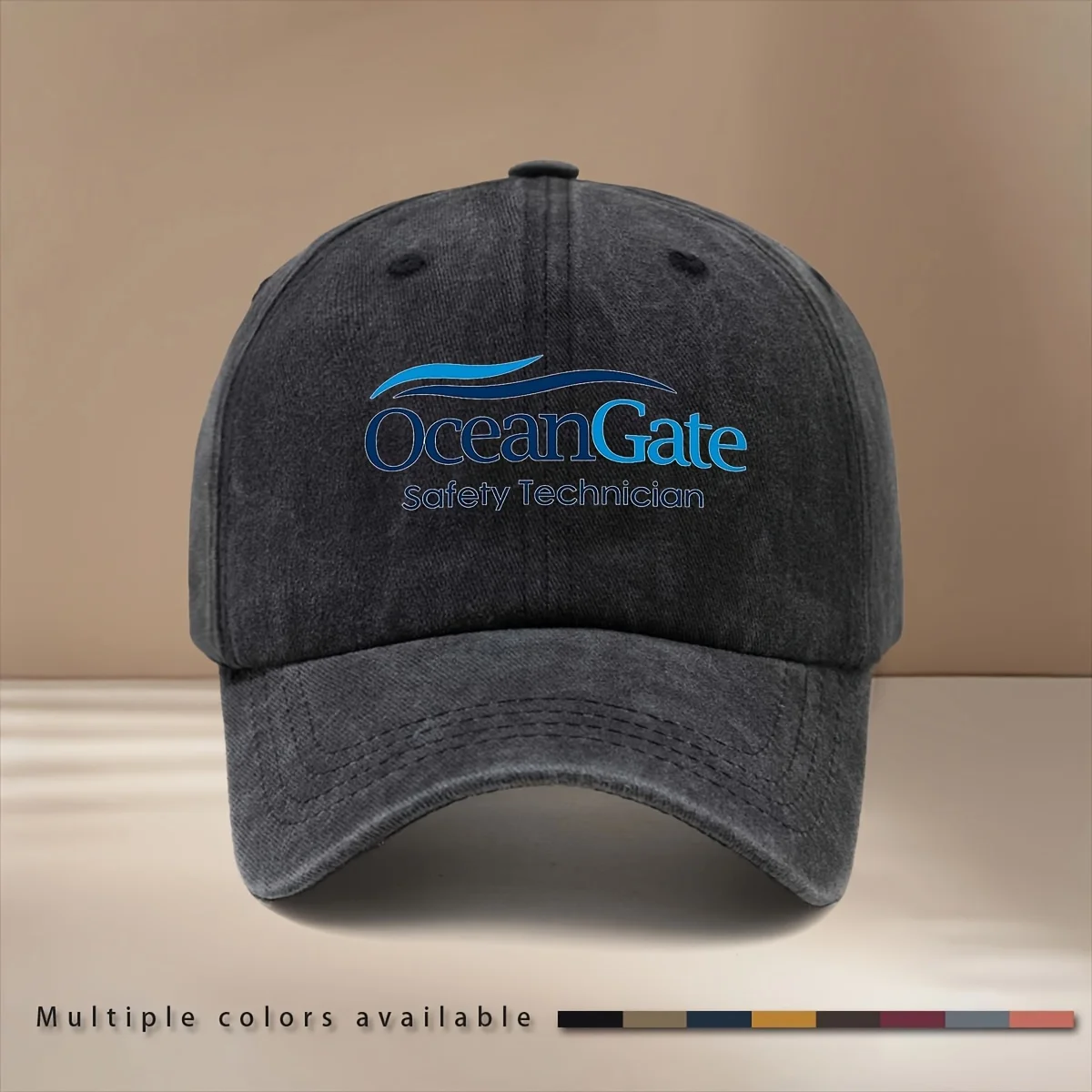Oceangate Text Pattern Baseball Cap in Black, Featuring a Humorous Style with a Soft Top. This Unisex Duckbill Hat Is Perfect fo