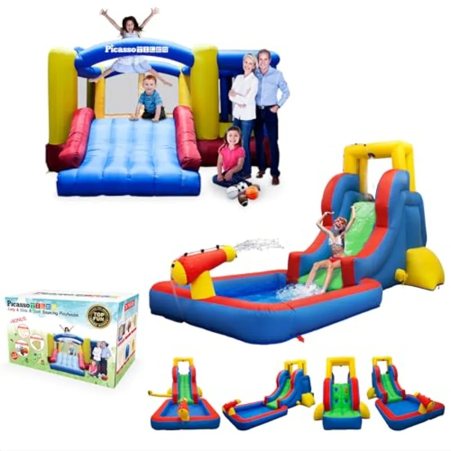 

Inflatable Bounce House with Water Slide Park - Splash Zone Climbing Wall Jump Slide Dunk Playhouse Water Cannon 4 Sports Balls