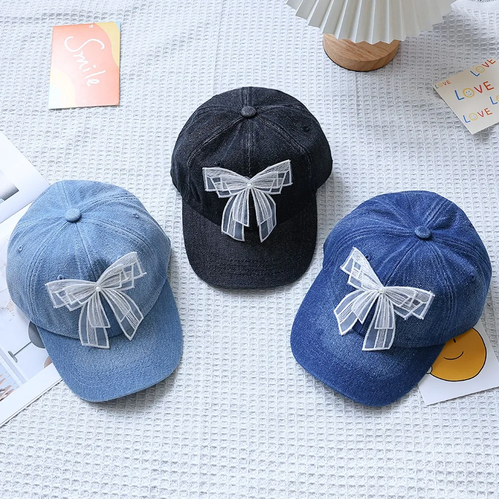 Girl Mesh Bow Denim Baseball Hat Fashion Kids Girls Princess Peaked Hat Outdoor Children Casual Caps Cotton Baby Sunscreen Cap