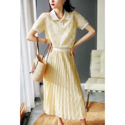 Summer Runway Elegant Suit Set Women's Yellow Knitted Blouse Shirts Floral Tops And Long Pleated Skirt Suits Set NZ241