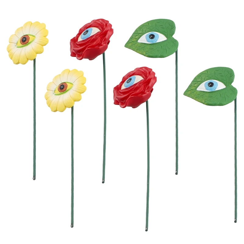 6PCS Resin Plant Eyes Stakes Novelty Rose Sunflower Green Leave Plant Garden Stakes Funny Floral Plant Pick Ornaments