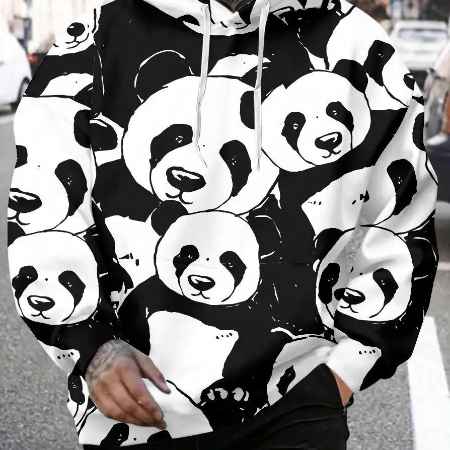 New spring and autumn large size men's hoodie giant panda pattern, black and white color 3D printing, hoodie, casual sweatshirt