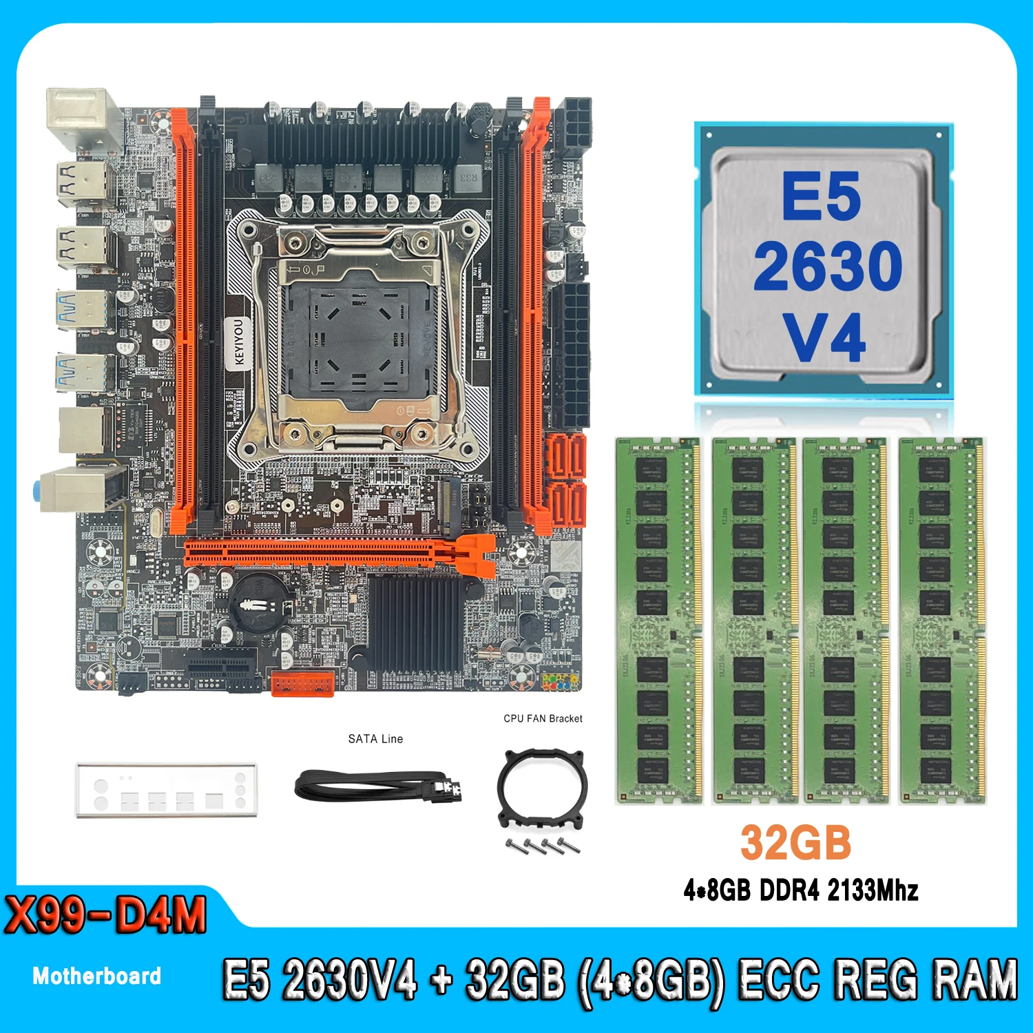 X99 Motherboard Set LGA2011-3 Kit Xeon E5 2630V4 CPU With 32GB(4pcs*8GB) DDR4 DIMM Memory RAM REG ECC X99D4 Computer Motherboard