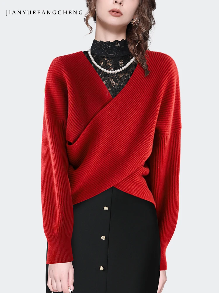 Fashion Crossed Design Women Red Sweater Long Sleeve V-neck Knitted Wool Sweaters 2023 Autumn Winter Ladies Tops