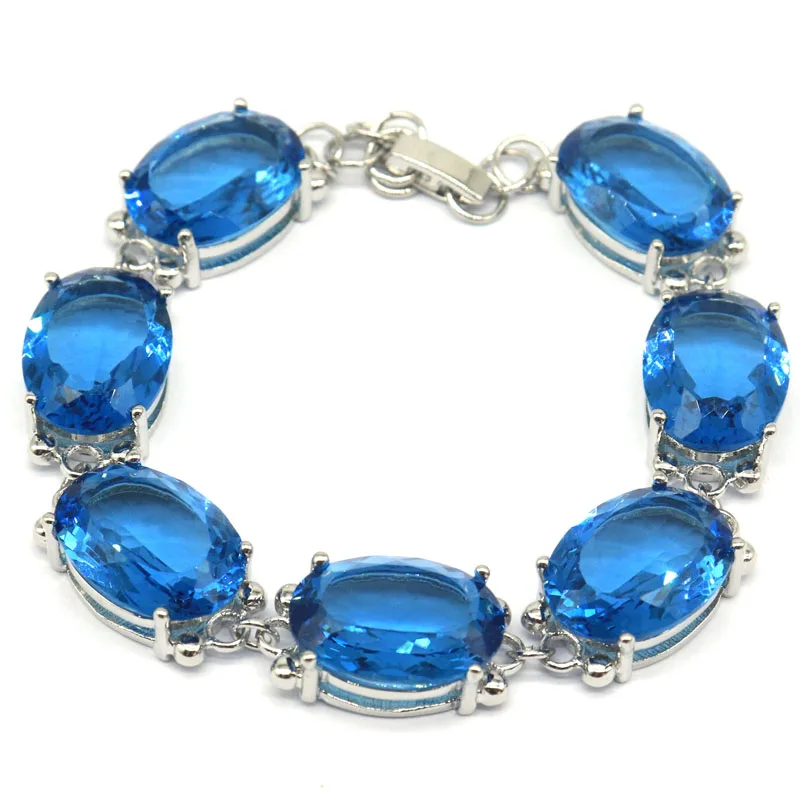 

24x13mm SheCrown Big Gemstone London Blue Topaz Green Peridot Aquamarine Women Silver Bracelet 6.5-7.5inch