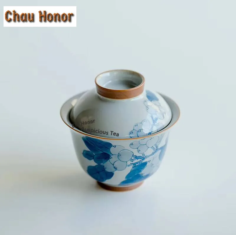 

120 мл чистый ручная роспись Loquat керамический чайный тюрен ретро синий чаша с крышкой чаша для чая с крышкой Стандартный чайный набор чайная церемония