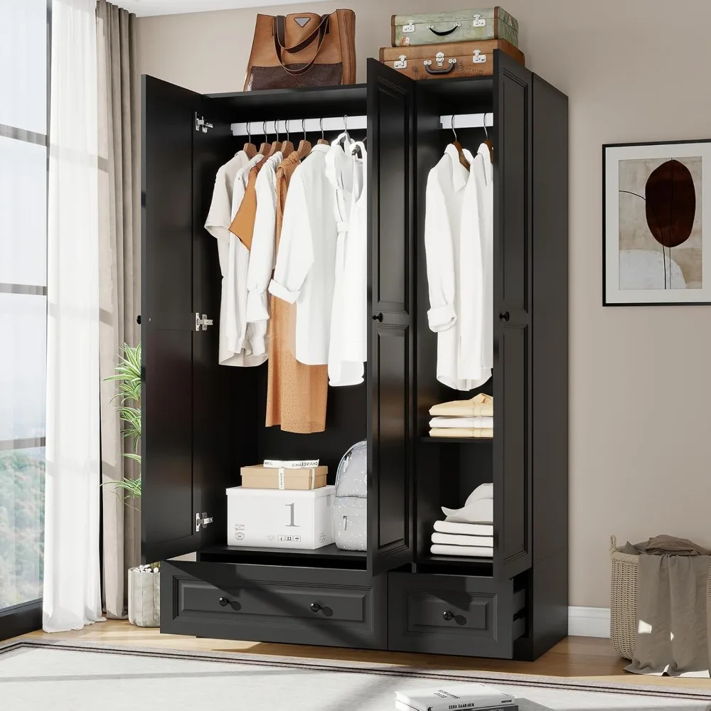 

Wardrobe with Drawers, 74-inch Black Tall Wood Wardrobe, Large Bedroom Wardrobe, 3-door Wardrobe Storage Unit