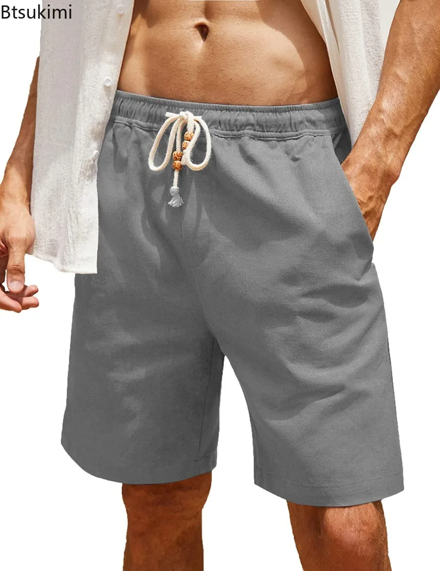 Summer Casual Shorts for Men Solid Breathable Cotton Linen Pocket Beach Pants Men's Loose Drawstring Straight Leg Sport Shorts