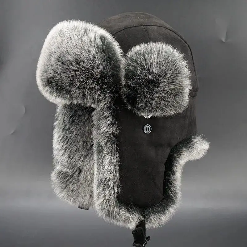 Black Bomber Hats Men's Winter Imitation Fox Fur Thick Ear Protection Cold Cycling Warm Windproof  Cap