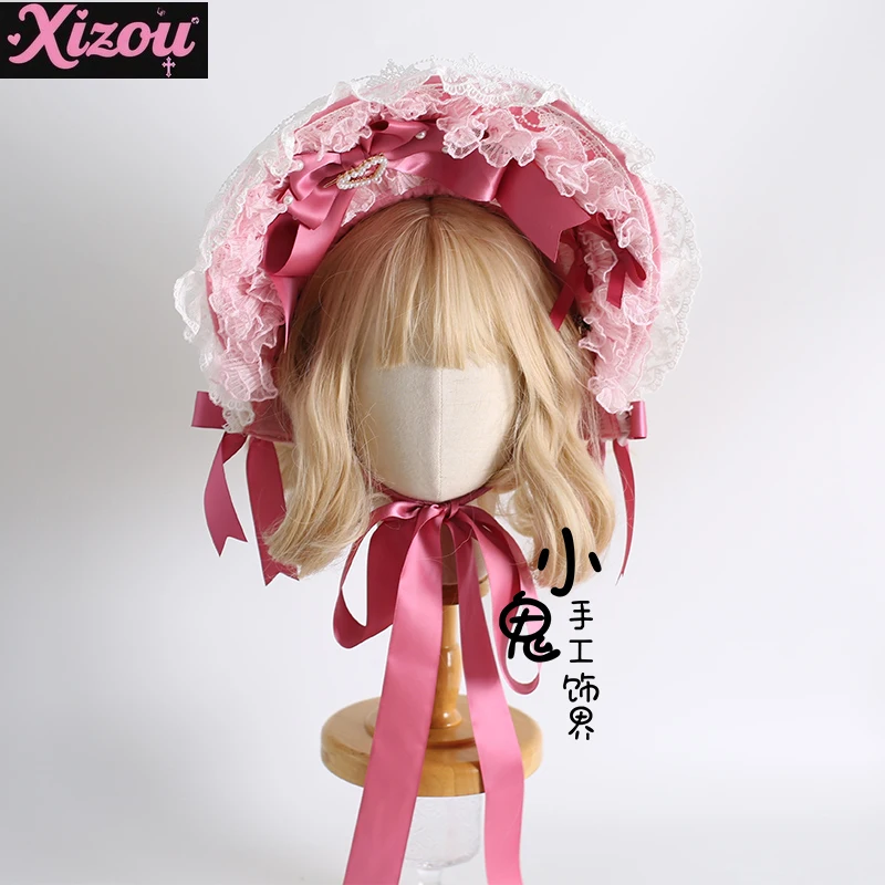 Japanse Lolita Shuanggong Zijde Versie Fluwelen Taart Prachtige Pop Gevoel Ponet Rose Roze Bnt Hoge Hoed Kant Hoofdband voor Vrouw