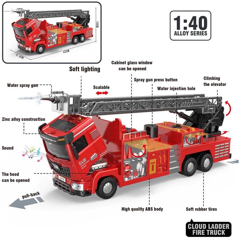 1:40 Fire Fighting Water Spray Truck Model Ladder Vehicle Kids Toys Alloy+Plastic Car Sound Light Pull Back Collection Boys Gift