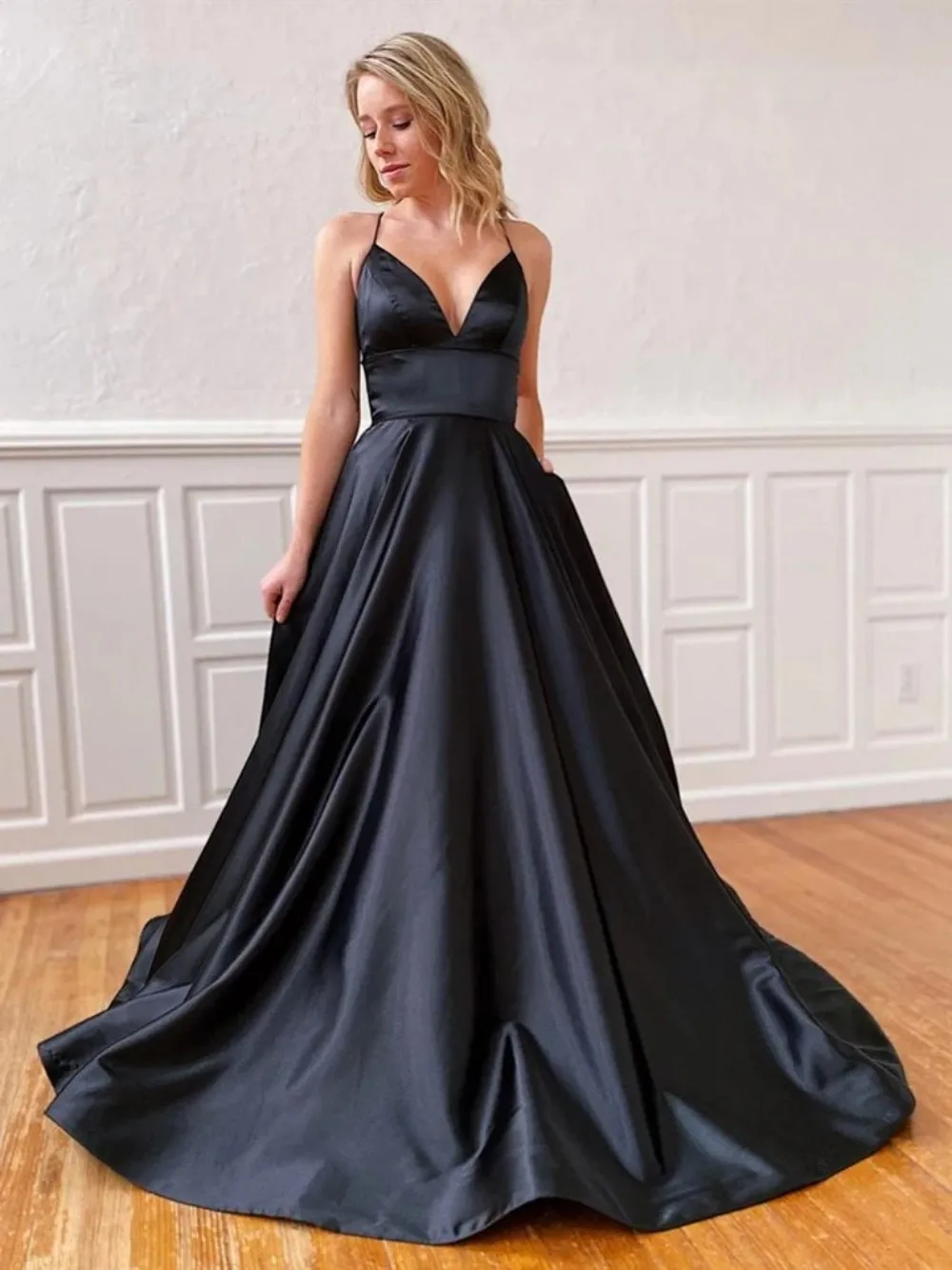 A-line V-neck Black Backless Satin Ball Gown Black Backless Long Formal Evening Dress Available In Multiple Colors