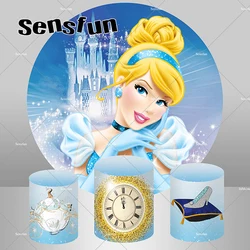 Disney Castle Princess Cinderella Round Backdrop for Girls Baby Shower Birthday Party Decor Glass Shoes Carriage Plinth Covers