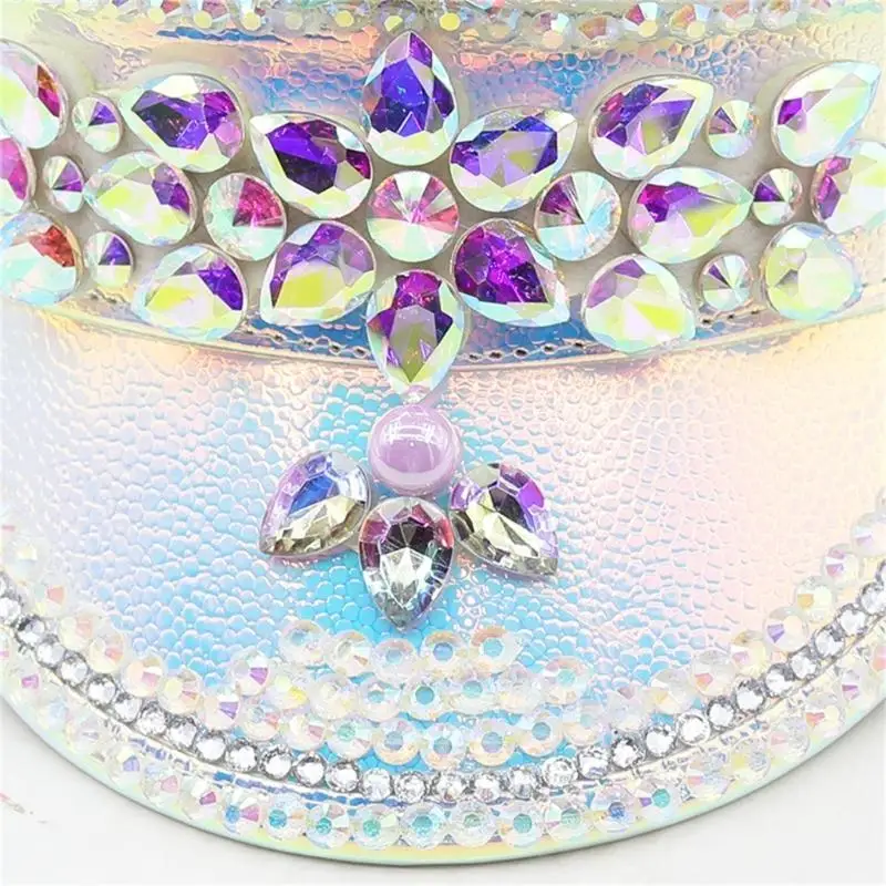 652F Silver Captain Cap for Wedding Fashion Wide Brim Hat DanceParty Hat for Women Bride FedoraHat Cosplay PU Hat