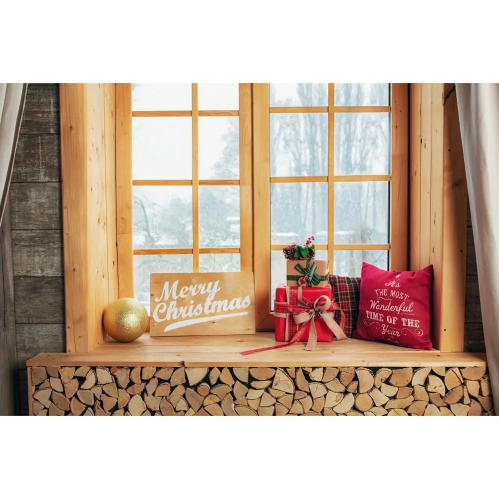 Christmas Wooden Bay Window Interior Photography Backgrounds Custom Gift Pillow Ball Scene Baby Party Decoration Photo Backdrops