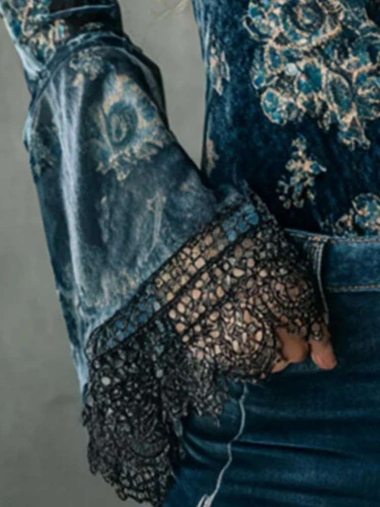 

Vintage Lace V-neck Blouse Tops Flare Sleeve Floral Printed Slim Velvet Spring Autumn Elegant Boho Casual Chic Blouse Tops