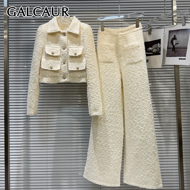 GALCAUR Office Two Piece Set For Women Lapel Long Sleeve Patchwork Single Breasted Coat High Waist Pants Elegant Suit Female New